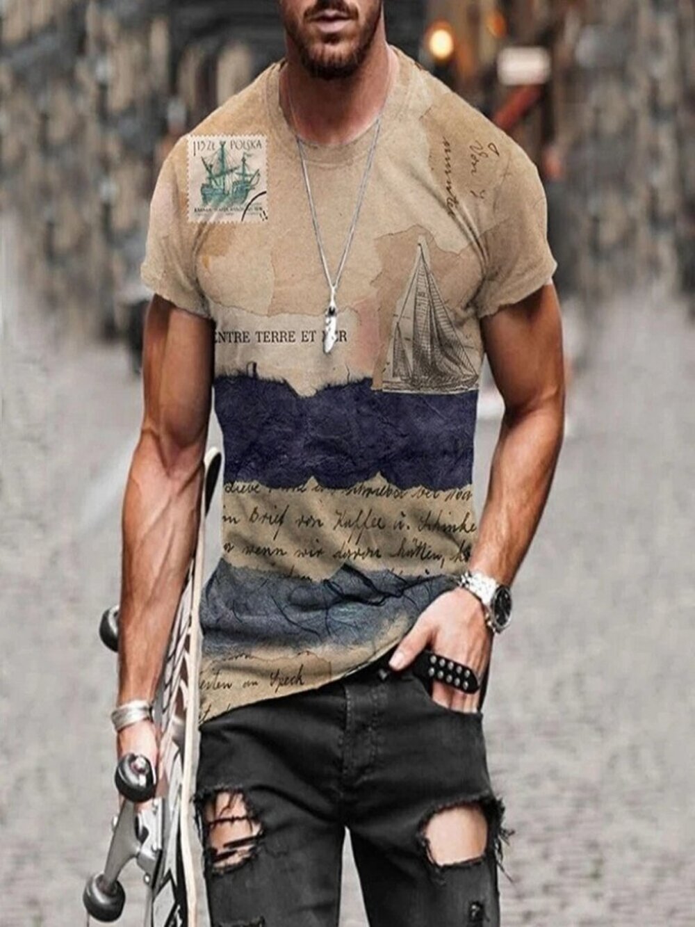 T-Shirt Mens Vintage Printed Short Sleeve Blouse Summer Casual Fitness Tops Tee - Picture 4 of 12